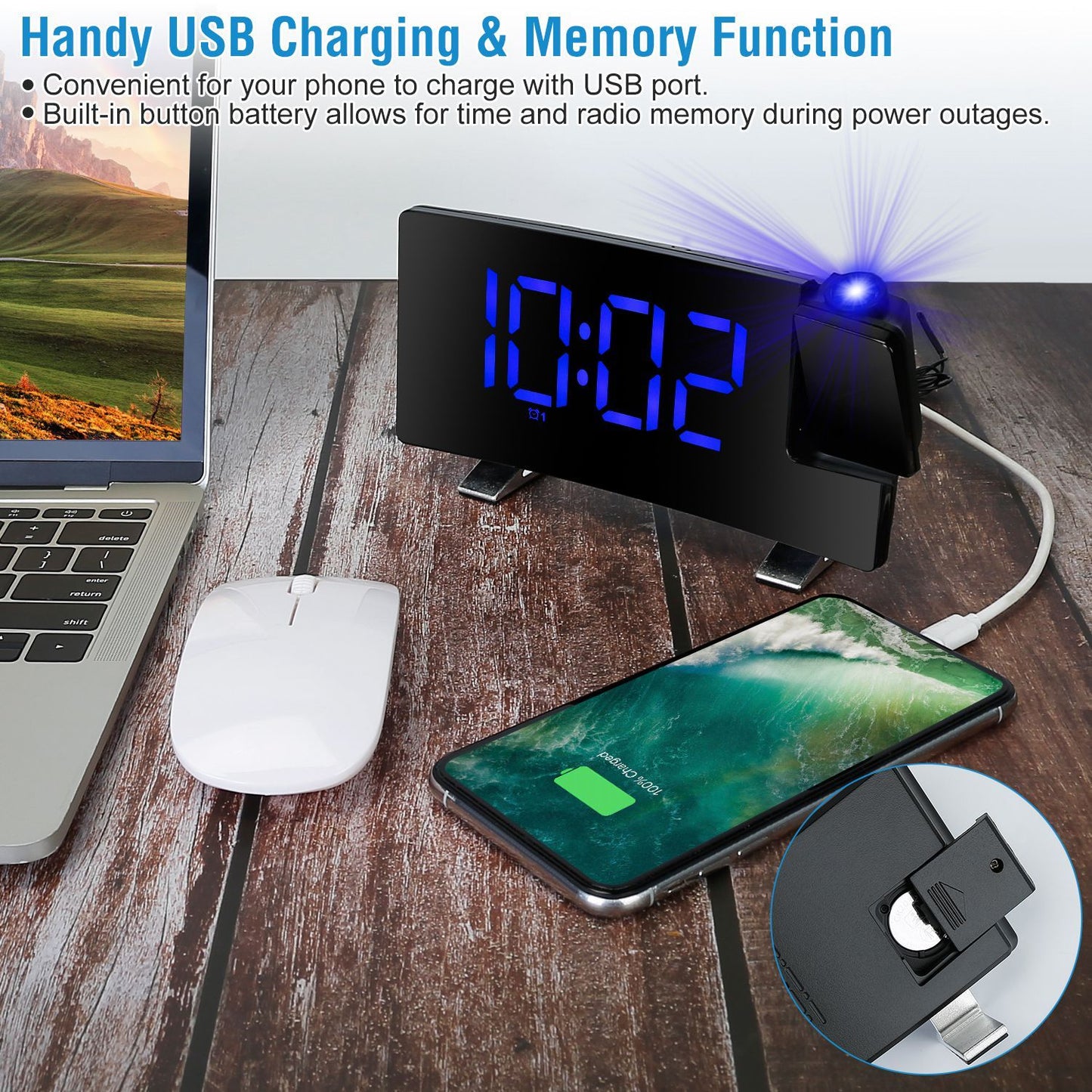 US Local 1 Pc Projection Alarm Clock With Radio Function Curved Screen LED Digital Alarm Clock With Dual Alarms 4 Dimmer 12-24 Hour USB Charging Port 180Degree Rotatable Projection