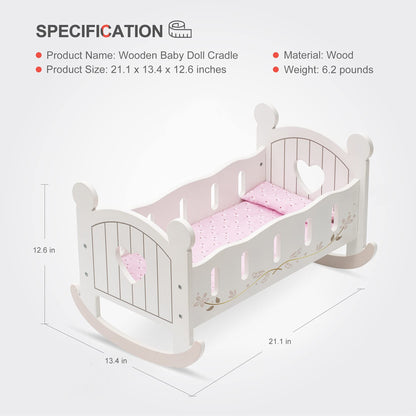 US Local ROBOTIME Wooden Doll Cradle Rocking Baby Doll Crib Reversible Doll Bed For Dolls Girl,Fits Dolls Up To 18 Inches