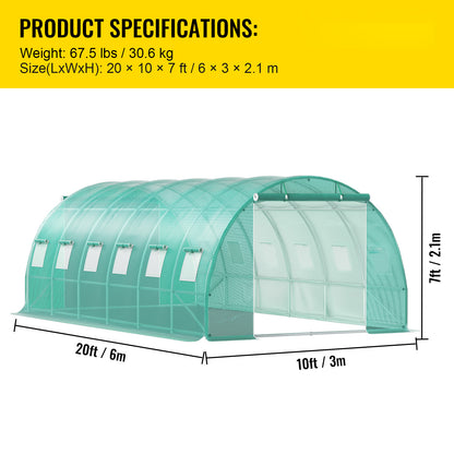 US Local VEVOR Walk-in Tunnel Greenhouse, 20 X 10 X 7 Ft Portable Plant Hot House W Galvanized Steel Hoops, 3 Top Beams, Diagonal Poles, 2 Zippered Doors  12 Roll-up Windows, Green
