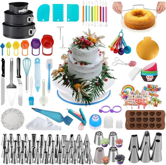 US Local 398PCS Cake Decorating Supplies Kit, Baking Tools Set For Cakes -3 Packs Springform Cake Pans Cake Rotating Turntable 48 Numbered Piping Icing Tips 4 Russian Nozzles 9 Fondant Tools For Beginners