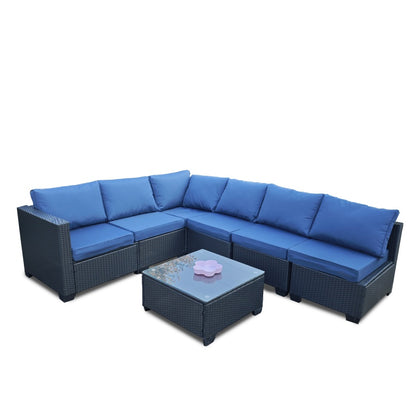 US Local Seven-Piece Sofa Set Table With Sofa Chair Black PE Rattan Outdoor Furniture 7-JH001 Box 3-1-2-3 With Blue Color Cushion