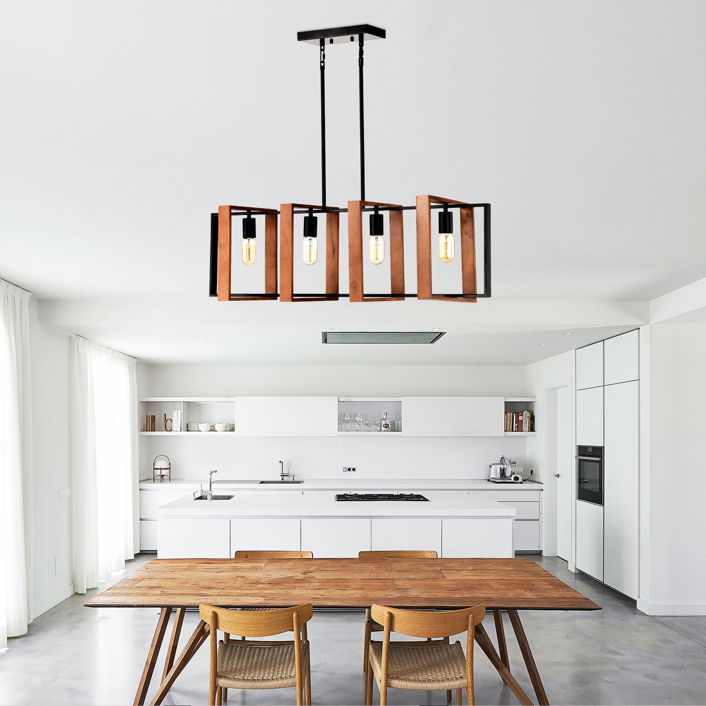 US Local 4-Light Kitchen Island Lights Pendant Light Farmhouse Dining Room Light Fixture, Rustic Wood And Black Metal Rectangular Chandelier, Hanging Lighting For Living Room,Conference Room, Home Office