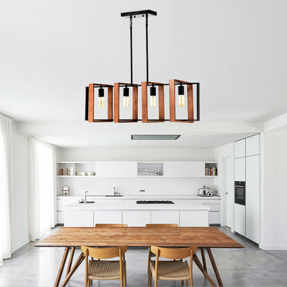 US Local 4-Light Kitchen Island Lights Pendant Light Farmhouse Dining Room Light Fixture, Rustic Wood And Black Metal Rectangular Chandelier, Hanging Lighting For Living Room,Conference Room, Home Office