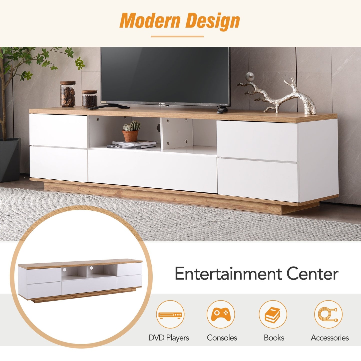 US Local Modern TV Stand For Up To 80'' TVs, Media Console With Multi-Functional Storage