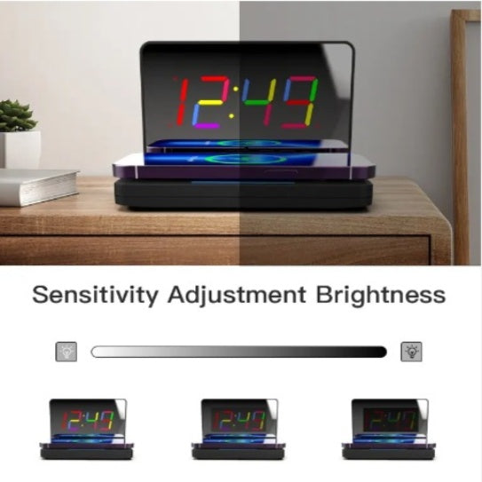 US Local Mirror Digital Alarm Clock Desktop Foldable Wireless Charger Selling Electronic Mirror LED Alarm Clock
