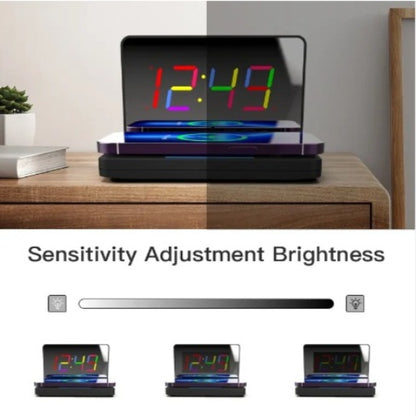 US Local Mirror Digital Alarm Clock Desktop Foldable Wireless Charger Selling Electronic Mirror LED Alarm Clock
