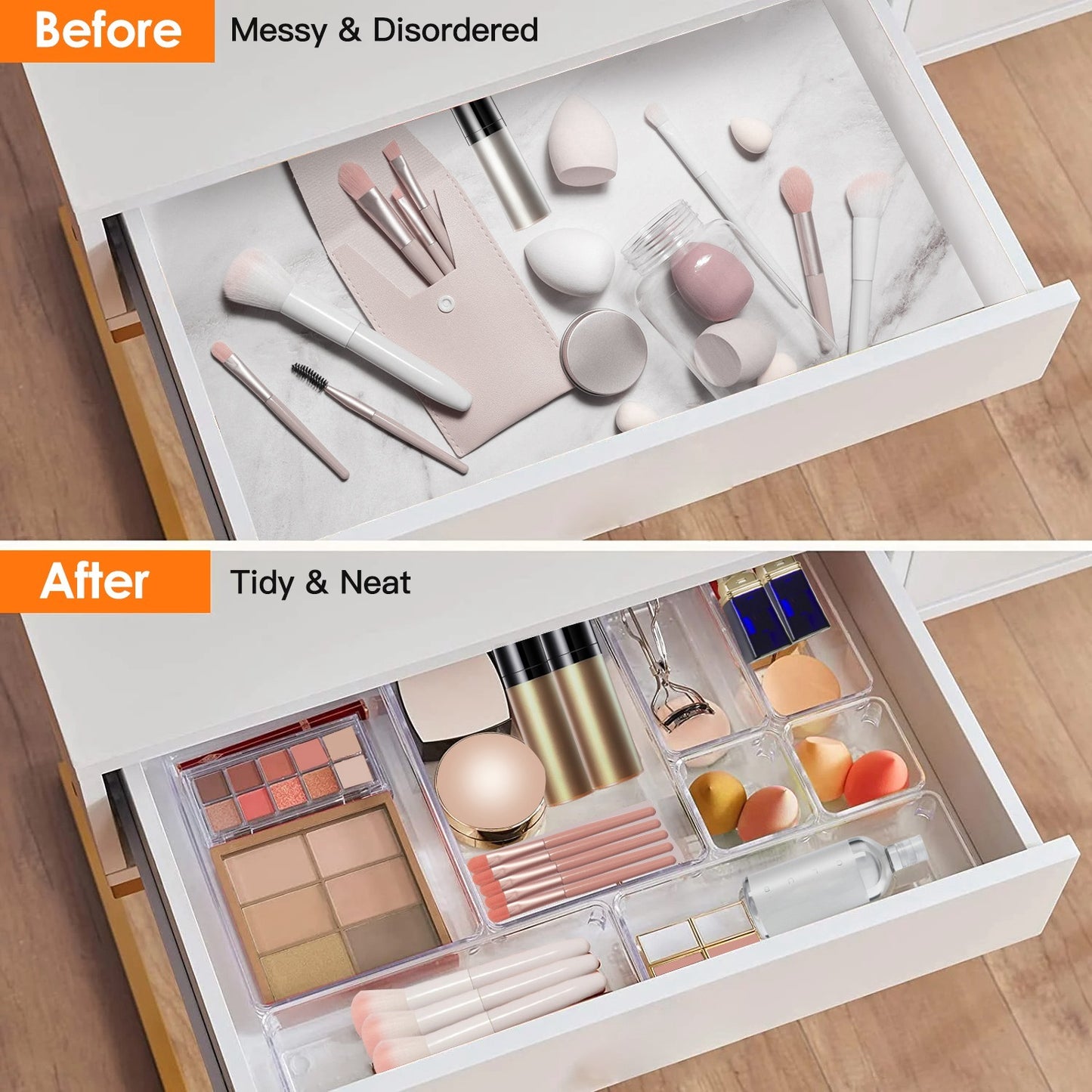 US Local 25Pcs Clear Plastic Drawer Organizers Set 4 Sizes Desk Drawer Dividers Trays Storage Bins For Vanity Cabinet Makeup Bathroom Office Kitchen Bedroom Jewelry