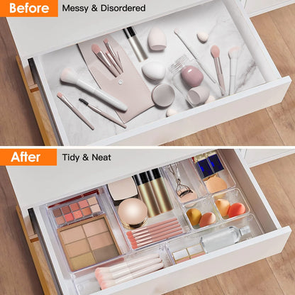 US Local 25Pcs Clear Plastic Drawer Organizers Set 4 Sizes Desk Drawer Dividers Trays Storage Bins For Vanity Cabinet Makeup Bathroom Office Kitchen Bedroom Jewelry