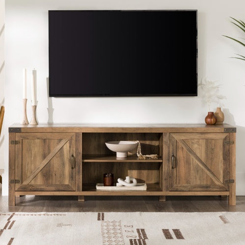 US Local Rustic Farmhouse Double Barn Door TV Stand For TVs With Center Shelves - Rustic Oak