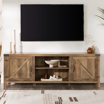 US Local Rustic Farmhouse Double Barn Door TV Stand For TVs With Center Shelves - Rustic Oak