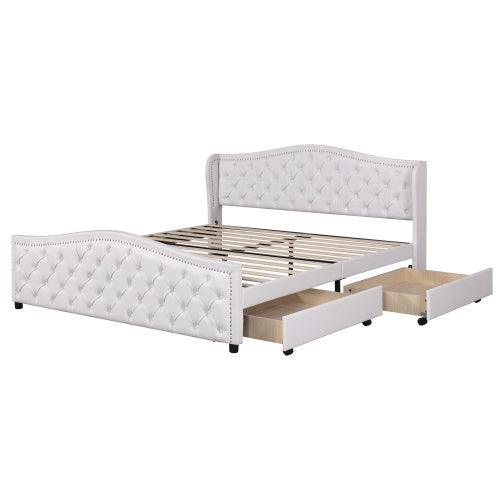 UK Local Upholstered Bed 135 X 190cm - Bed With Slatted Frame, 2 Drawers And Headboard With Pull Point Rivets - Wood & Faux Leather - White - Youth Bed Guest Bed