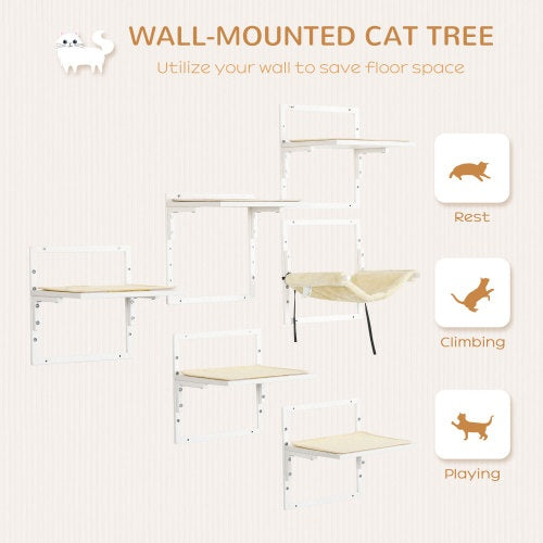 US Local PawHut 6-pc Modern Cat Wall Shelves For Indoor Cats, Height Adjustable Jumping Platforms