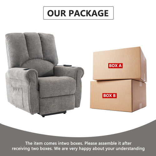 UK Local Electric Lift Grey Senior Chair - Single Motor, Heated Massage, Stand Assist, Storage Pockets, Cup Holders