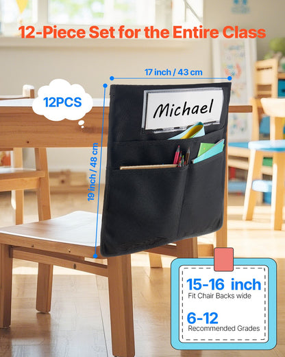 US Local Chair Pockets For Classroom 12 Pack Seat Pocket With Name Tag Black