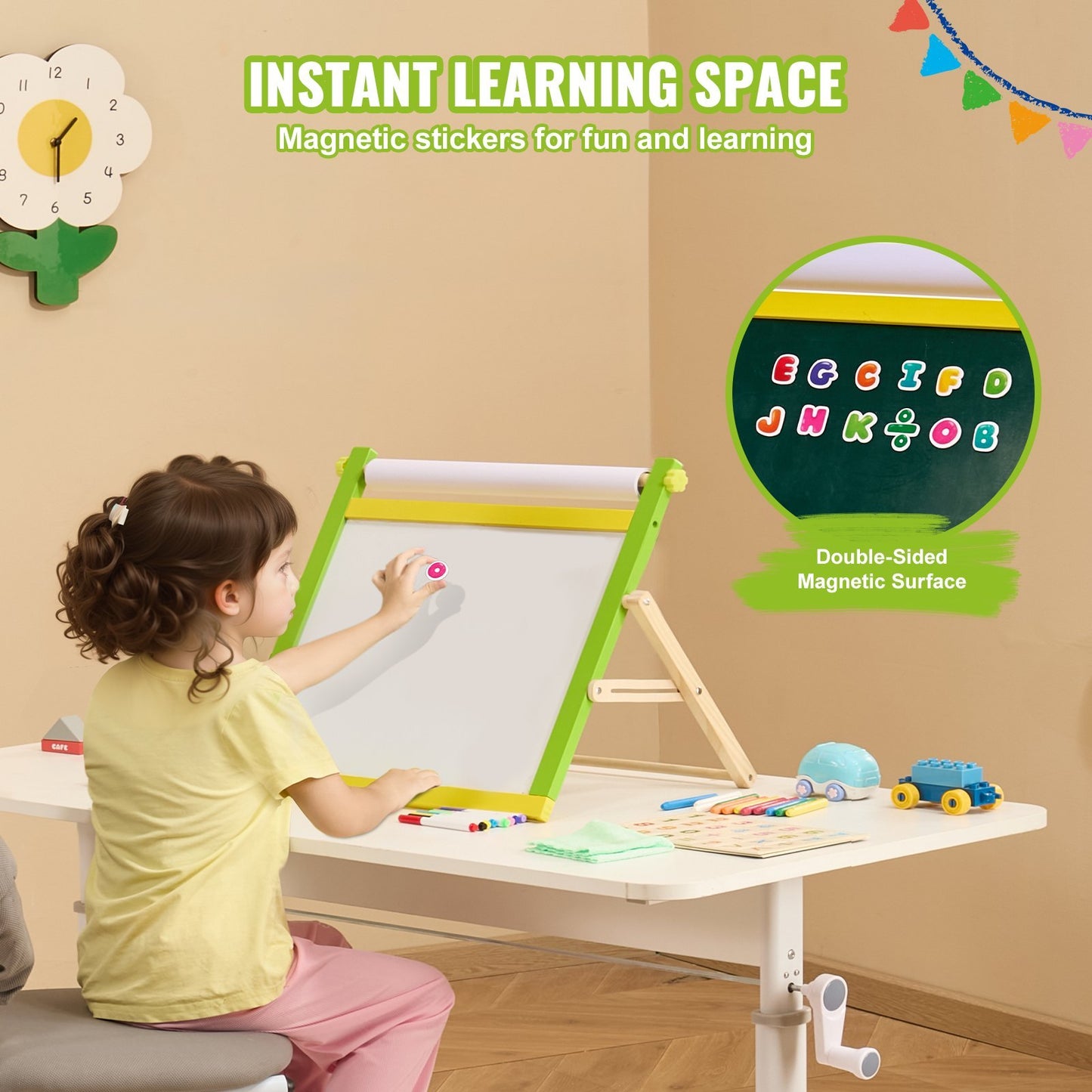 US Local Christmas Gift VEVOR 3-in-1 Tabletop Kids Art Easel Double-Sided Magnetic Whiteboard Chalkboard