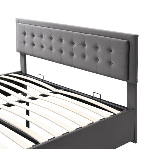 UK Local Upholstered Bed King Size Bed 5ft 150x200cm Velvet Fabric  Double Bed  Large Storage Space,With Slats And Headboard,Without Mattress,Grey