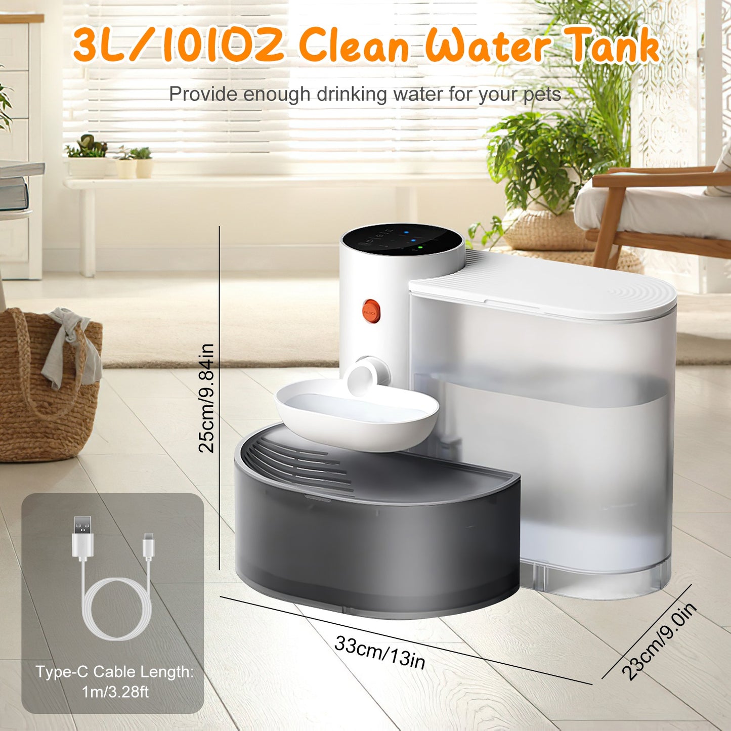 US Local 1Pc Smart Pet Water Fountain Automatic Cat Water Dispenser 3L Cordless Rechargeable Dog Water Fountain Self-Refill With 3 Adjustable Volume 3 Time Intervals Touch Control