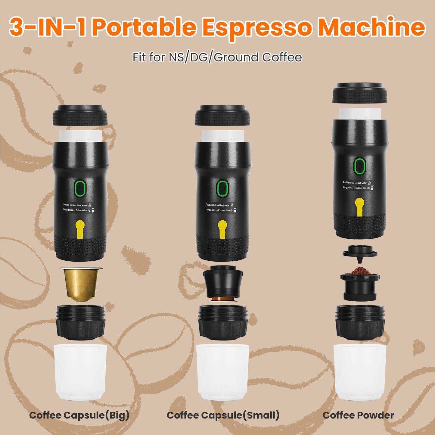 US Local 1Pc Portable Electric Espresso Machine Cordless Coffee Maker Self Heating Car Espresso Maker With Anti Dry Burn Fit For Ground Coffee NS DG Capsules For Car Camping Hiking RV Home Office