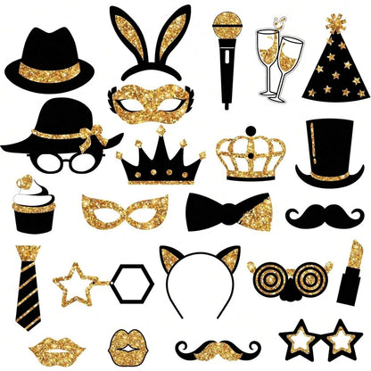 US Local 24 Pieces Party Photo Booth Props For Birthday Weddings Graduation Prom Party Supplies Mix Of Hats, Lipstick, Tie, Crowns Golden,Christmas