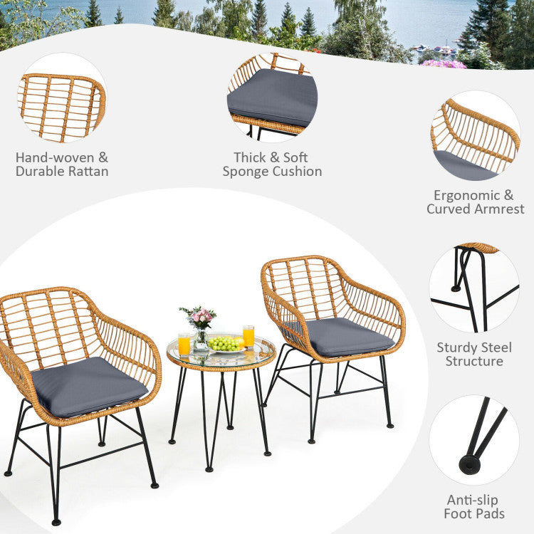 US Local 3 Pieces Rattan Furniture Set With Cushioned Chair Table