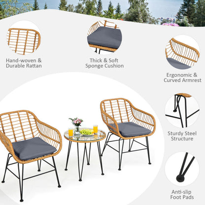 US Local 3 Pieces Rattan Furniture Set With Cushioned Chair Table