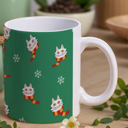 POD US Local White mug with full print, Christmas Cat Scarf Snowflake 0029
