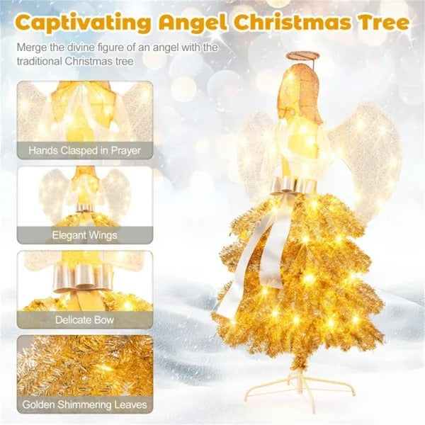 5.2ft Pre-Lit Angel Christmas Tree - 150 Warm White LEDs, Golden White Design With Angel Figure   Shimmering Leaves