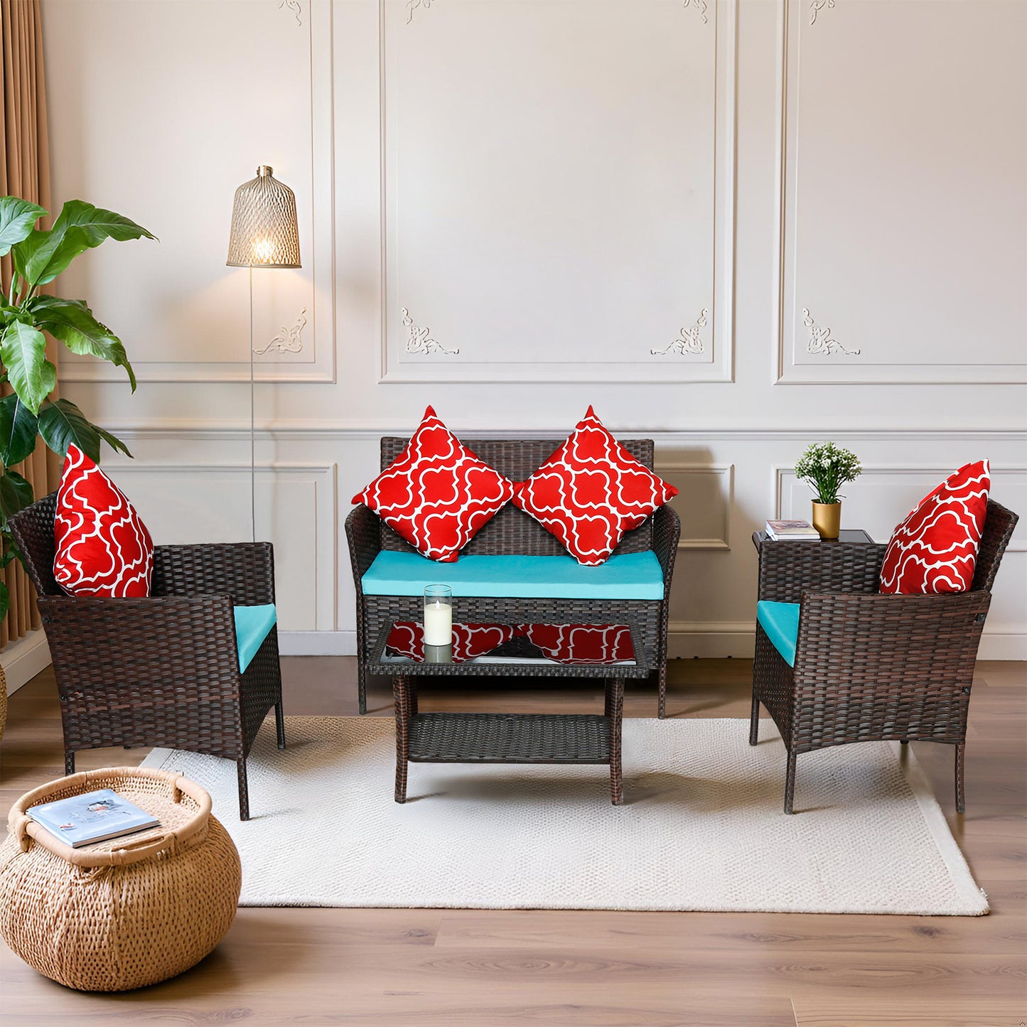 US Local New Design High Quality Four-Piece Sofa Set Table With Sofa Chair PE Rattan Outdoor Furniture W3152P269438 Box 1 With Emerald Green Color Cushion