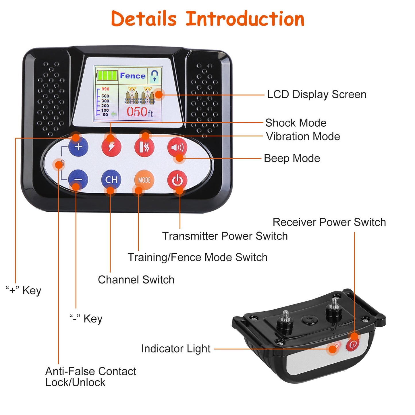 US Local 1Set 990FT Range Dog Wireless Fence Remote Training Collar IPX6 Waterproof Receiver With 0-9 Levels Beep Vibration Shock Mode 4 Channels Rechargeable Transmitter System