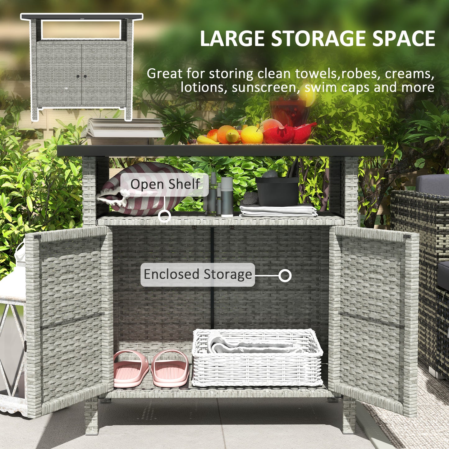 Wicker Outdoor Storage Cabinet With Two Doors And Shelf For Outdoor Pool Towel Storage, Gray