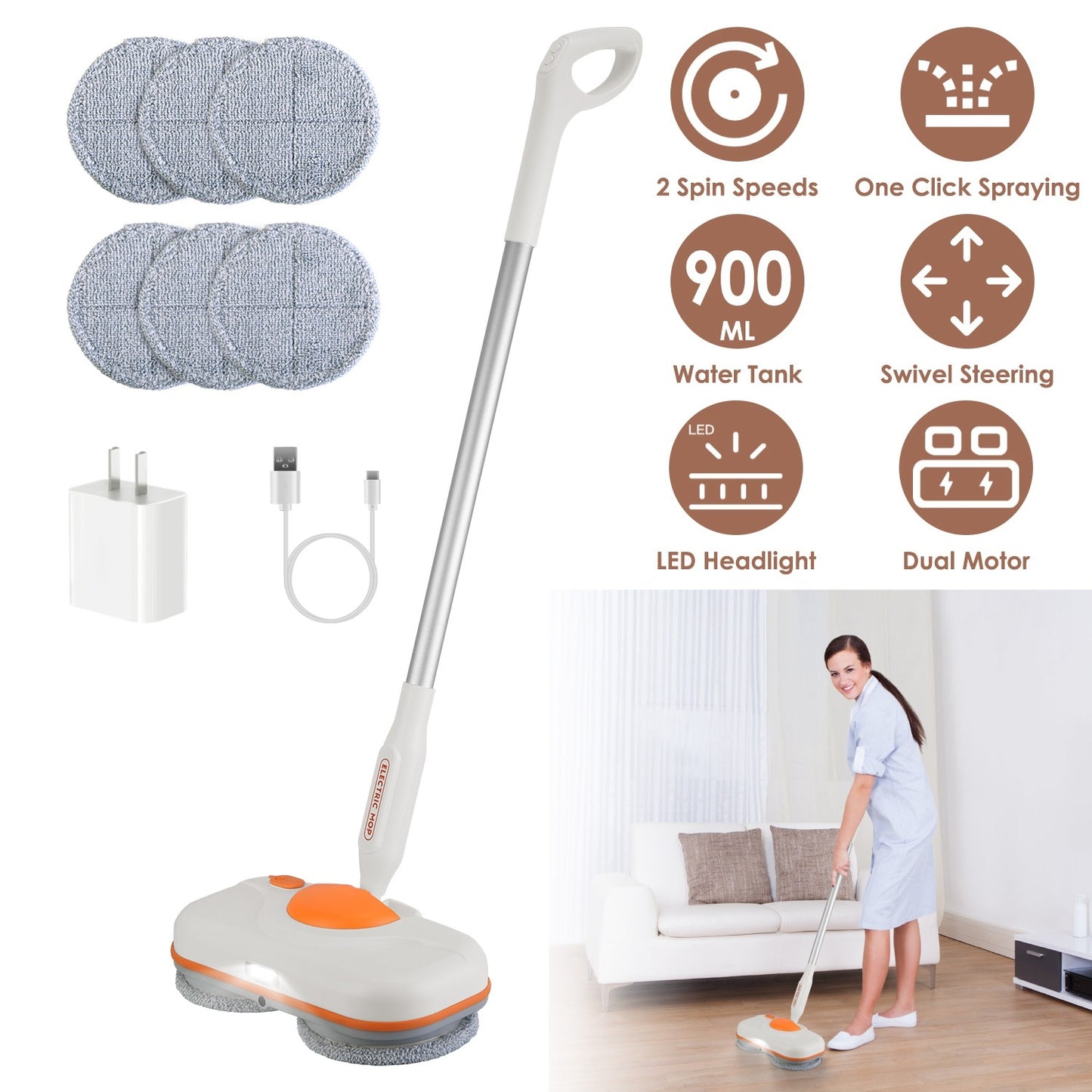 US Local 1Pc Dual Motor Cordless Spin Mop Self-Propelled Floor Cleaner With 6 Microfiber Pads 2 Speeds 900ML Water Tank One Click Spraying Headlight For Multiple Floors
