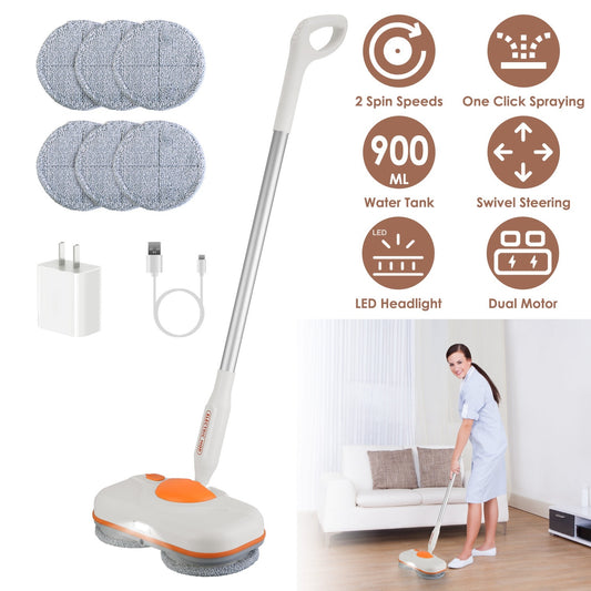 US Local 1Pc Dual Motor Cordless Spin Mop Self-Propelled Floor Cleaner With 6 Microfiber Pads 2 Speeds 900ML Water Tank One Click Spraying Headlight For Multiple Floors
