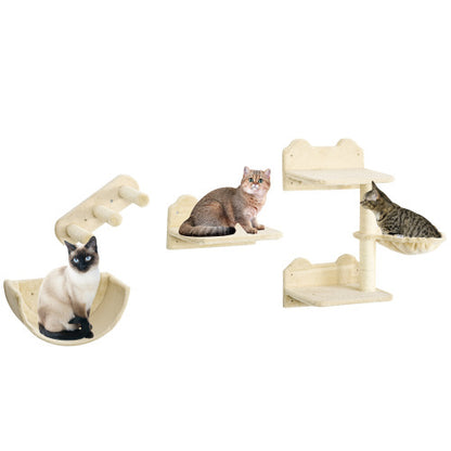 US Local PawHut Cat Wall Shelves, 4 Pcs Cat Wall Furniture Cat Climbing Shelf With Cat Hammock, 3 Steps, Perches, Scratching Post, For Sleeping, Playing, Beige
