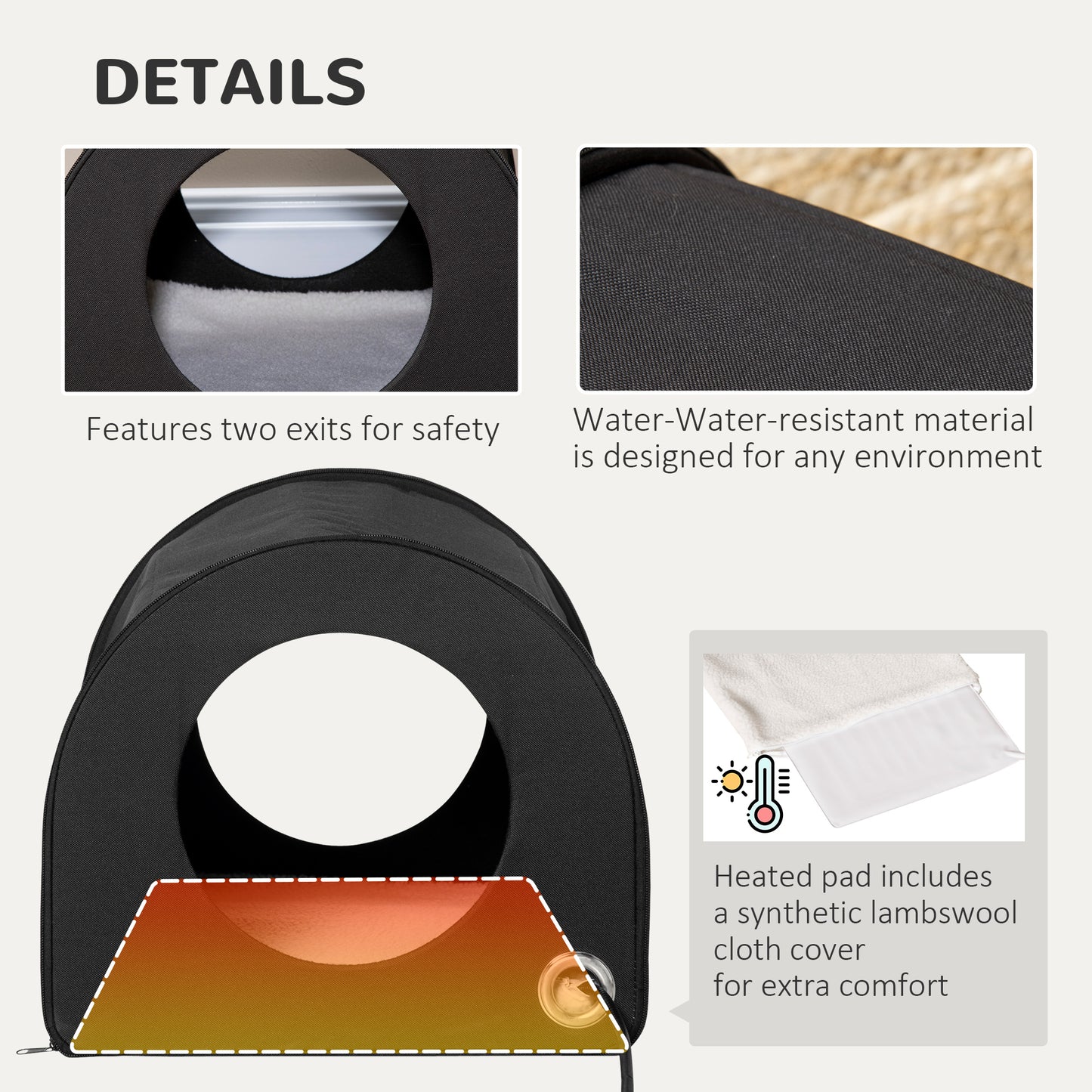 US Local Winter Portable Heated Double Wide Water-Resistant Indoor Outdoor Cat Houses For Multiple Cats - Black