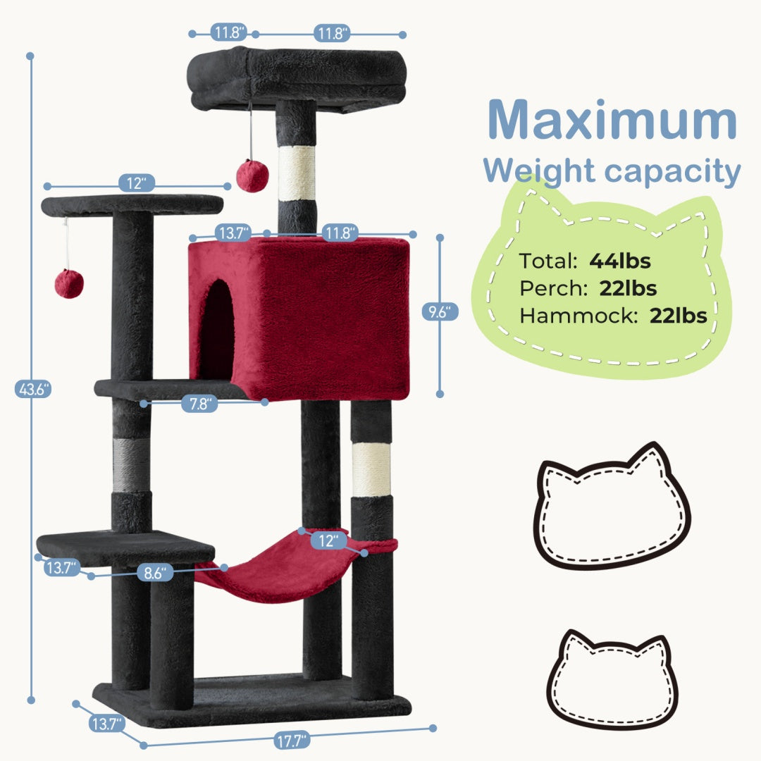 US Local 44 Inch Cat Tree Tower, Multi-Cat Climbing Tower With, Natural Sisal Scratching Posts, Extended Platform, Hammock