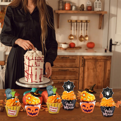US Local 48 Pcs Halloween Cupcake Decoration Set Zombie Hand Witch Hat Spider Web Tombstones Design Cupcake Picks 3 Styles Happy Halloween Cupcake Wrappers