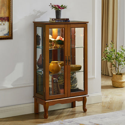US Local Curio Cabinet Lighted Curio Diapaly Cabinet With Adjustable Shelves And Mirrored Back Panel, Tempered Glass Doors