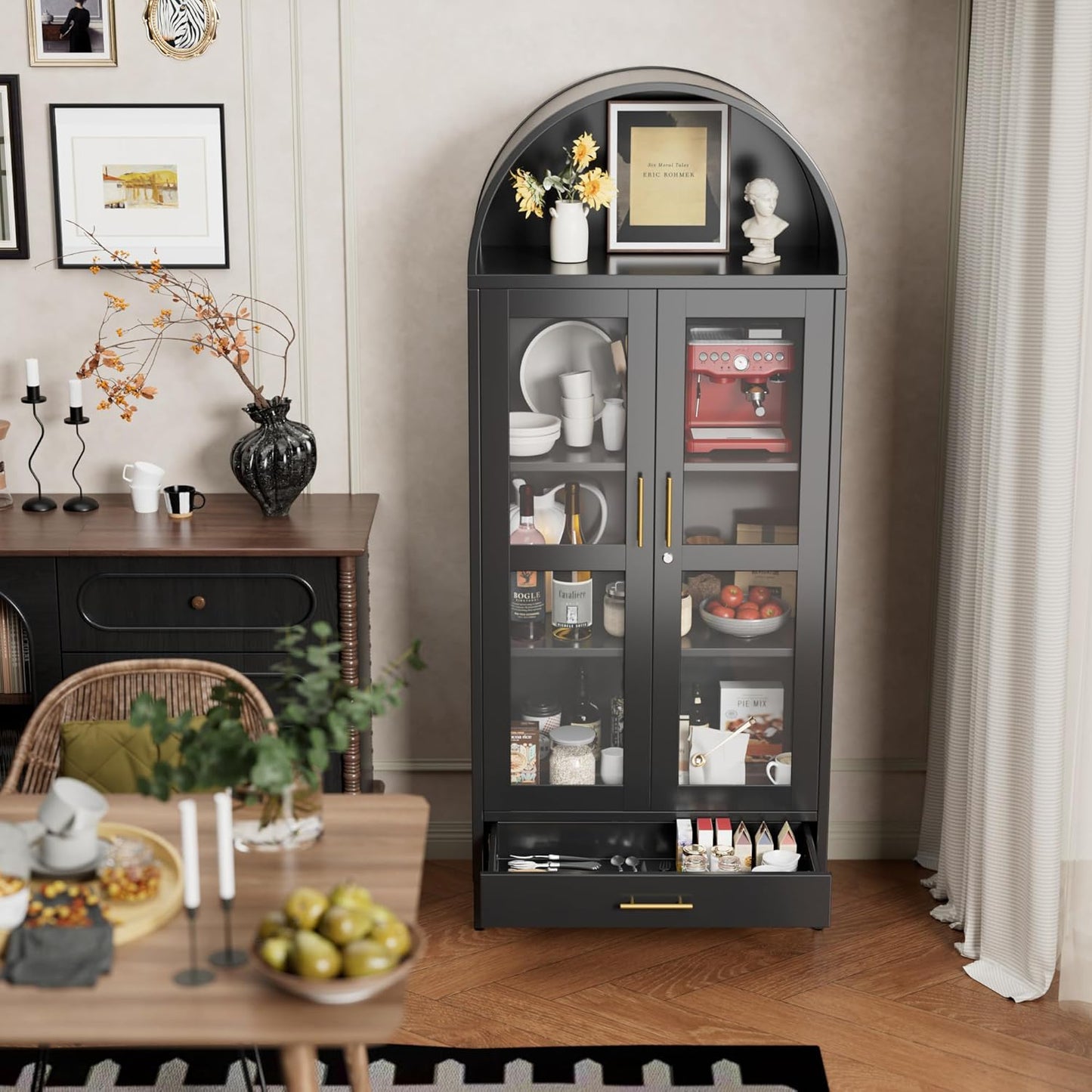 US Local Metal Arched Display Cabinet With Lock, Modern Arch Kitchen Pantry Storage Cabinet With Glass Doors 1 Drawer For Living Room, Bookshelf, Assembly Required Black