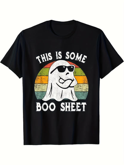 This Is A Men's Casual Round Neck Plus Size T-shirt With The Words BOO SHEET Printed On It, Making It The Perfect Choice For Halloween Gifts