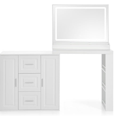 US Local 59 Makeup Vanity Desk With Mirror, Vanity Mirror With Lights, Dressing Table With 3 Drawers And 2 Cabinets, Vanity Table With Storage Shelves For Bedroom, White