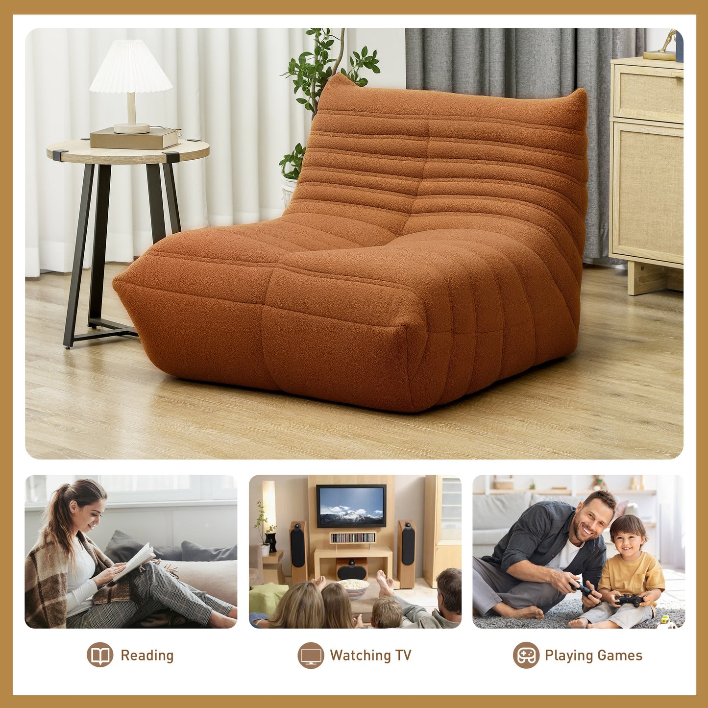 US Local Bean Bag Chair For Adults, Giant Fireside Chair, Bean Bag Sofa With High Density Foam For Living Room, Brown
