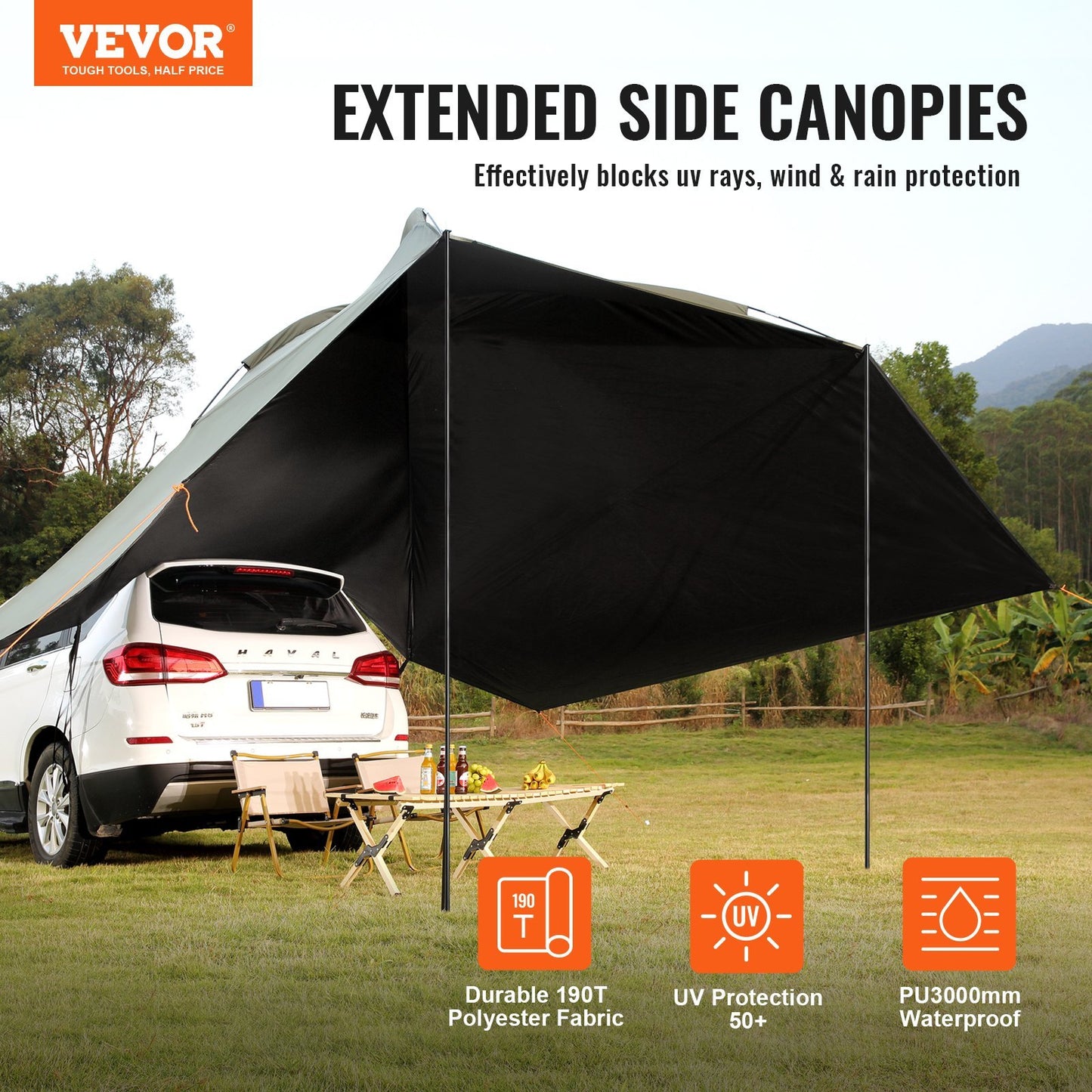 US Local VEVOR Vehicle Awning, Large Shade Coverage Car Side Awning, PU2000mm UV50  Car Awning With Extended Side Canopies And Portable Storage Bag, Suitable For Truck, SUV, Van, Campers