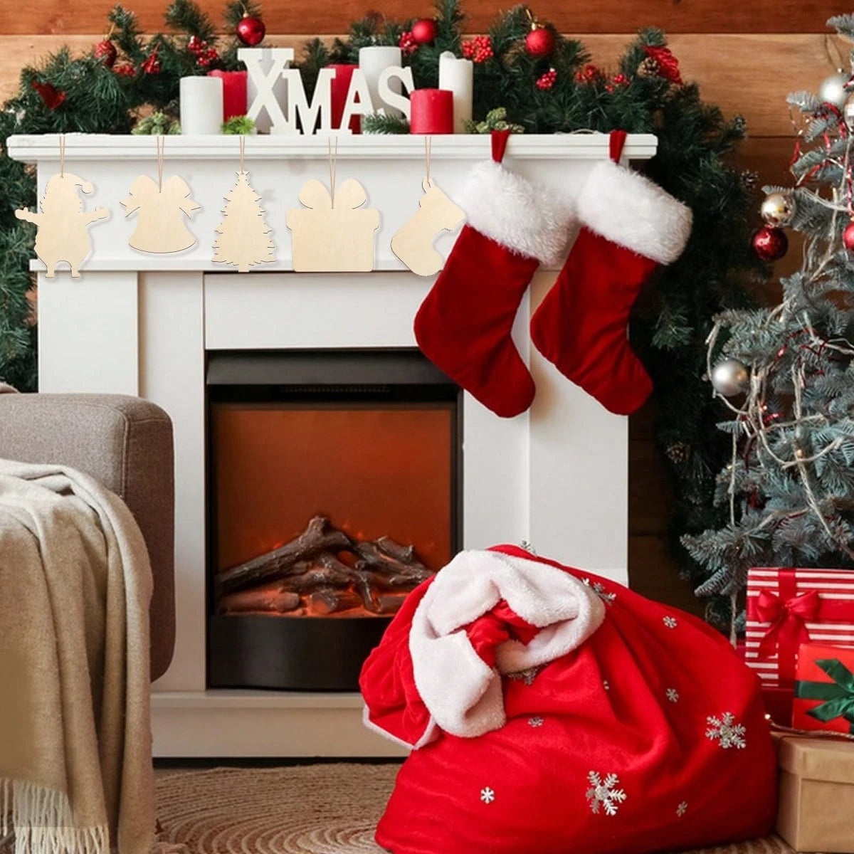 US Local 20 Pcs Wooden Christmas Ornaments Unfinished Wood Slices For Crafts In 4 Styles DIY Wooden Christmas Ornaments Hanging Decorations For DIY Craft And Holiday Decoration