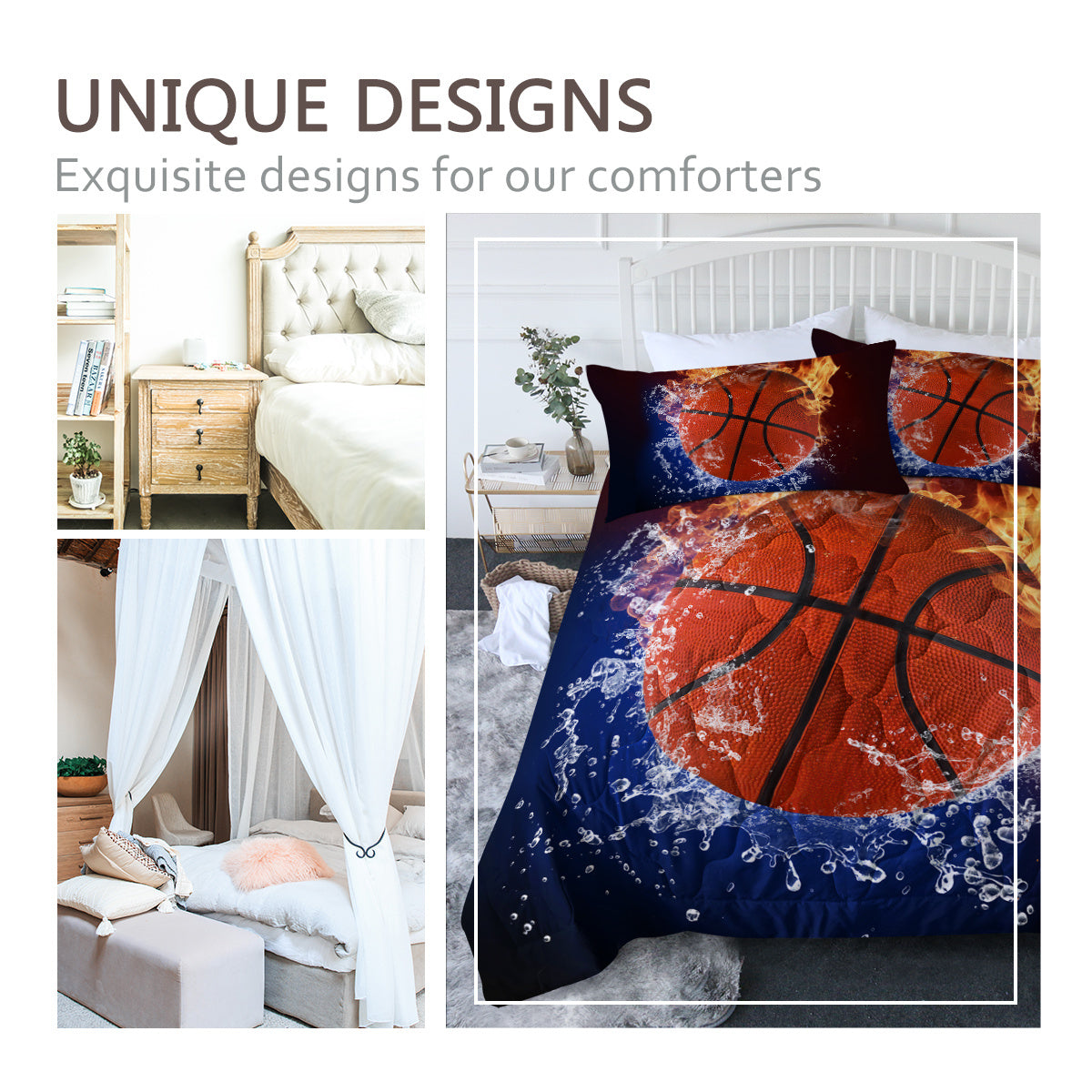 US Local Sports Basketball Pattern Comforters Sets Twin Size 3PC Fire Water Bedding Sets For Boys Include 1 Comforter And 2 Pillowcases