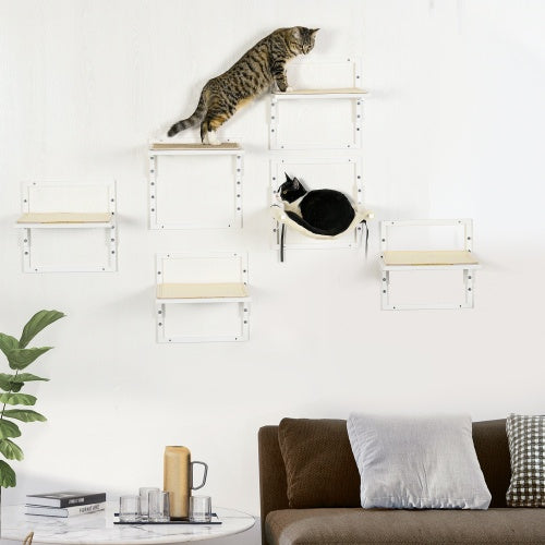 US Local PawHut 6-pc Modern Cat Wall Shelves For Indoor Cats, Height Adjustable Jumping Platforms