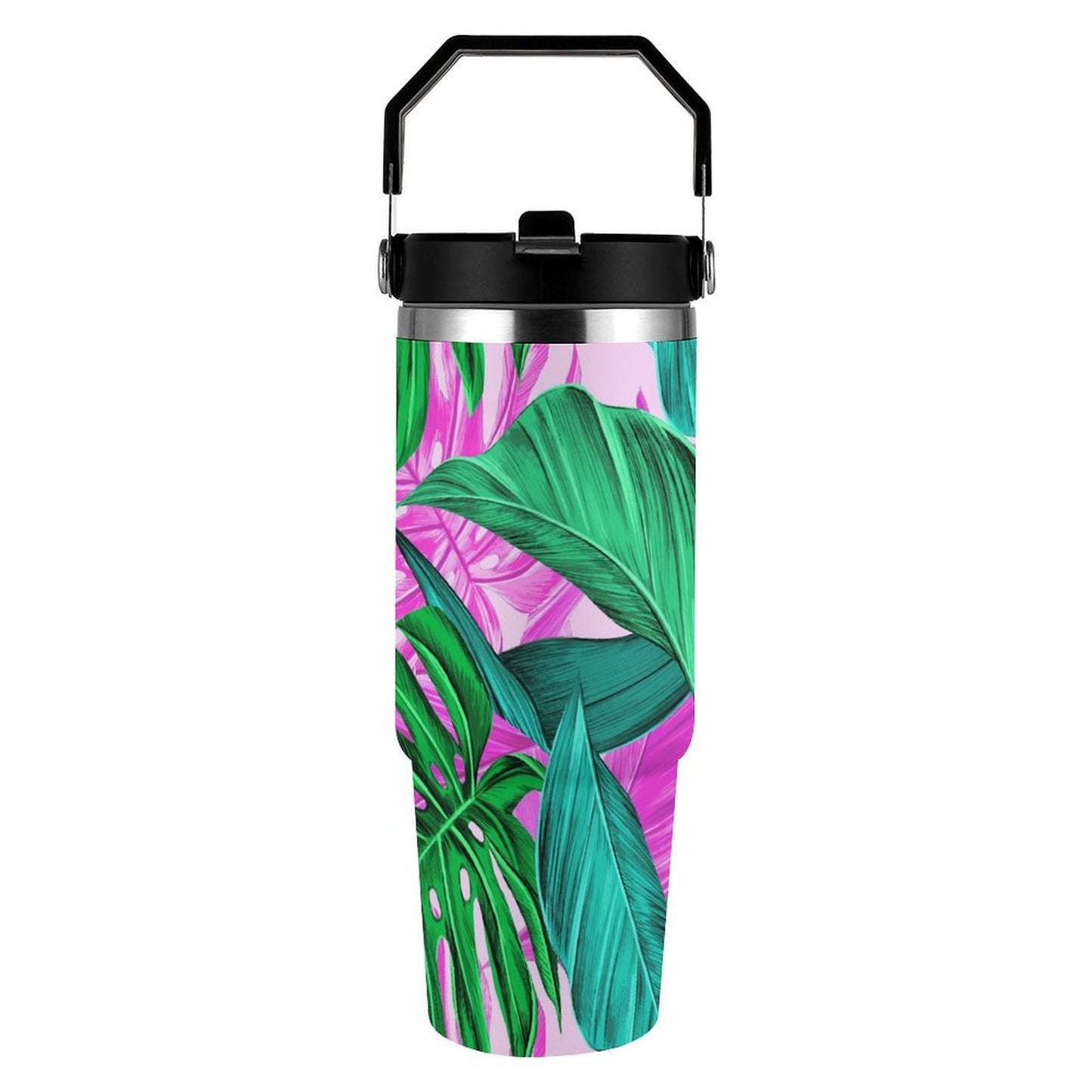 POD US Local Tumbler 30oz Large Capacity Car Cup Tropical, Monstera, Pink Background Style