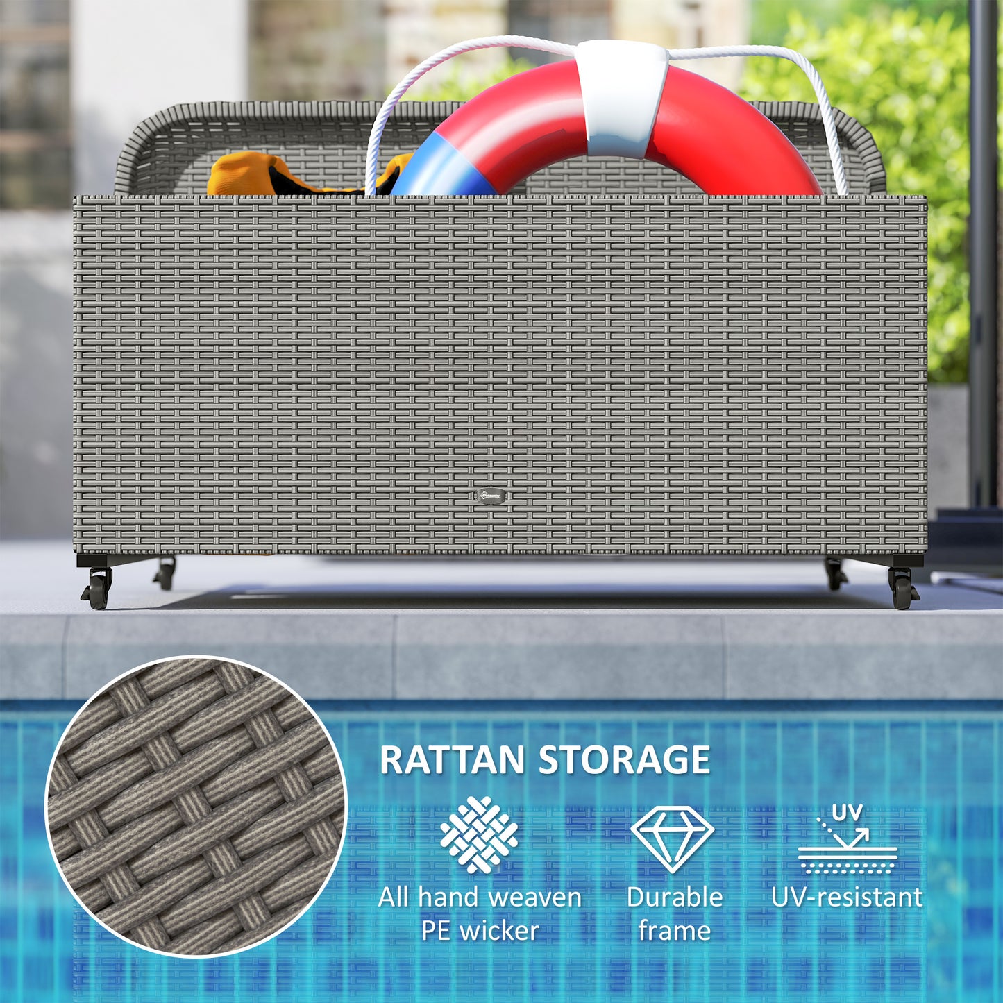 US Local Rattan Pool Float Storage Organizer With Wheels, Mixed Gray
