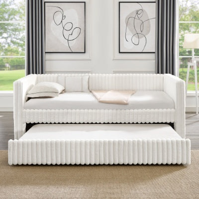US Local Twin Size Daybed, Upholstered Sofa Bed,The Bottom Pulls Out To Form A Bed ,Striped Corduroy Fabric- Beige 86x43.5x34