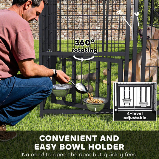 US Local Welded Wire Outdoor Dog Kennel With 360 Rotating & 4 Levels Adjustable Bowls, Waterproof Cover, 7.9 X 4 X 6