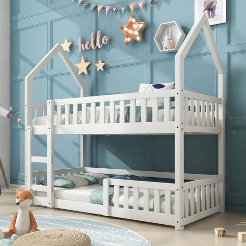 UK Local Bunk Bed, Twin Sleeper Bed With Ladder, Solid Wood Frame 3FT Single Bed, Gaming Bed, Castle-shaped Bed 90 X 190 Cm Children's Bed Room Furniture, Wooden Bed Frame For Kids Children White